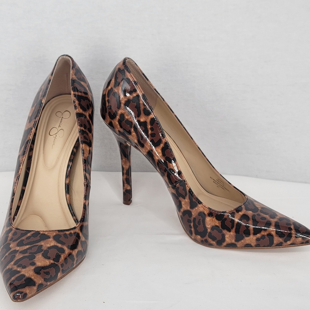 Jessica Simpson Levila Leopard Print Patent Pointed Toe Stiletto Pumps JS-LEVILA